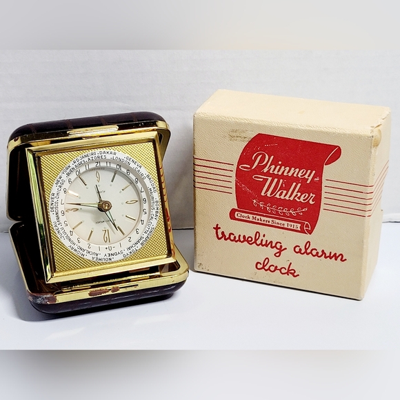 1950s Brown Alligator Phinney Walker Travel Alarm Clock In Original Box Germany - Picture 1 of 15